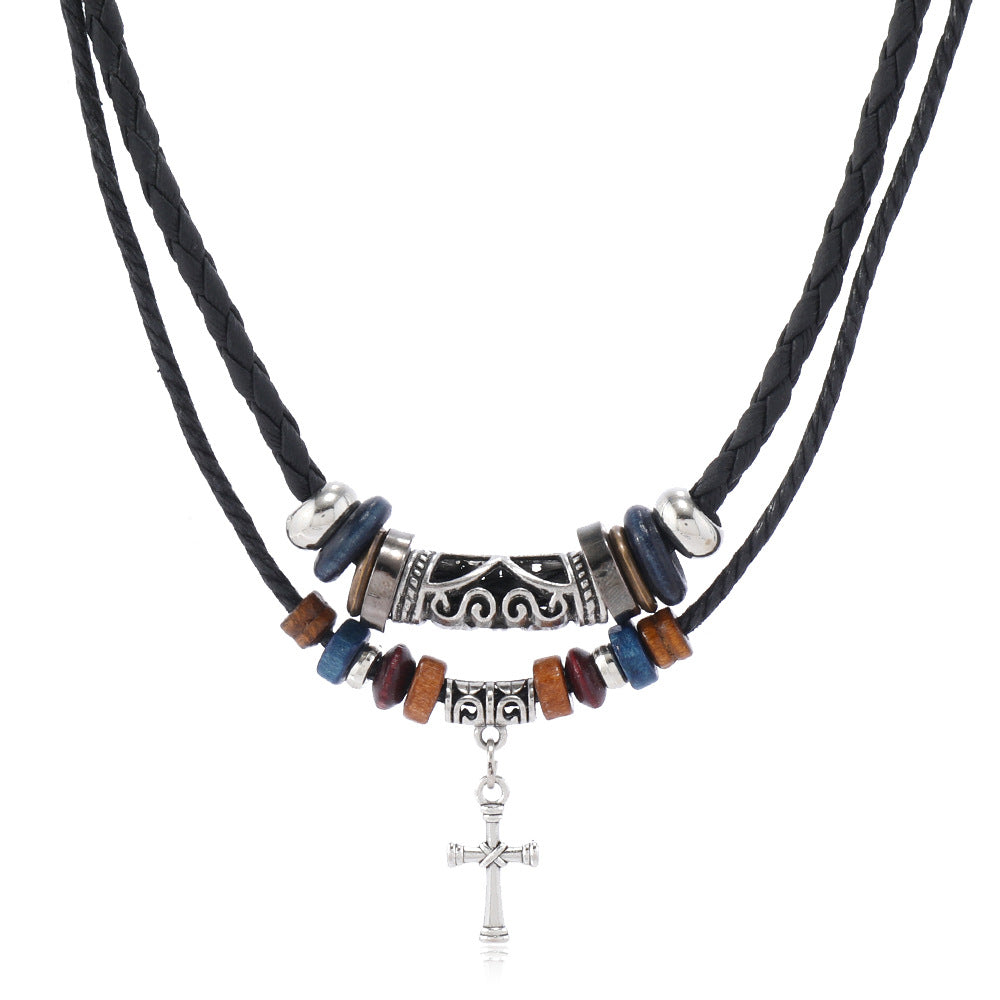 Factory direct sales alloy cross pendant collarbone chain men's vintage double adjustable necklace beaded necklace