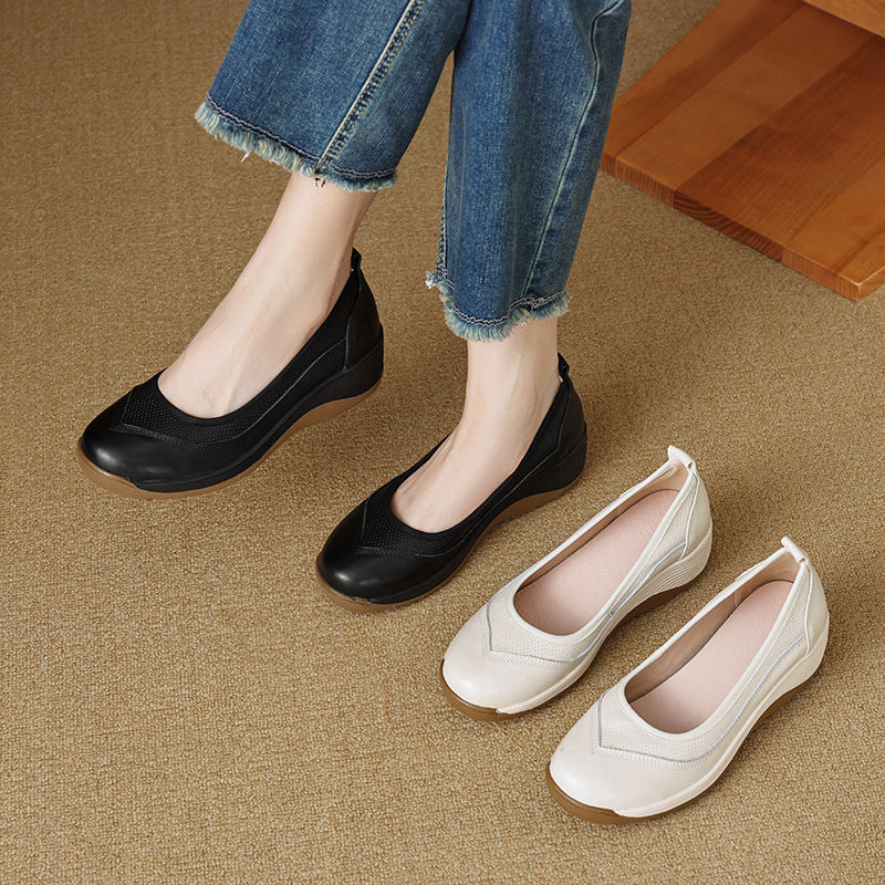 Retro light luxury platform lazy muffin shoes Jurchen soft leather round toe slippers 2025 autumn casual high-heeled leather shoes