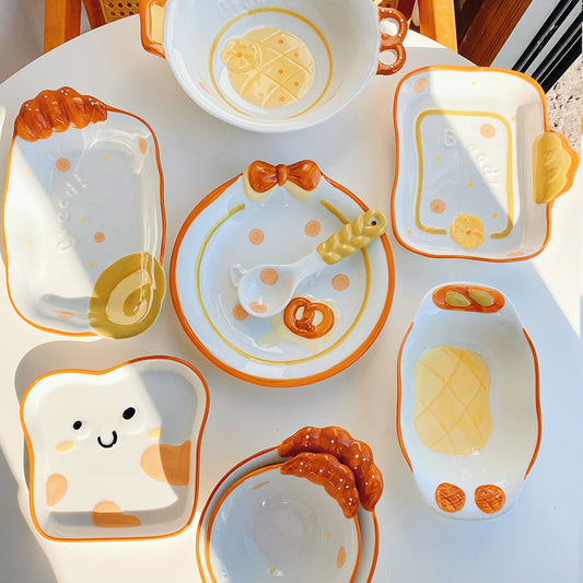 Cute bread, ceramic tableware, home bowl, dessert cookie, bread, high value round plate, rice bowl, spoon, plate
