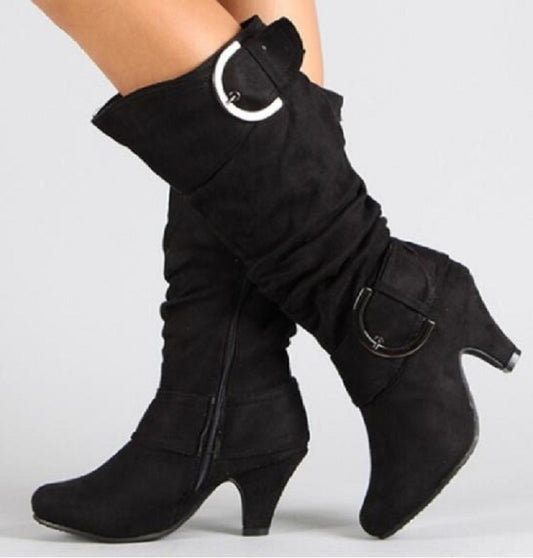 Buckle pleated knee-high boots Fall Winter 2022 suede comfort design heeled boots Plus size women's boots