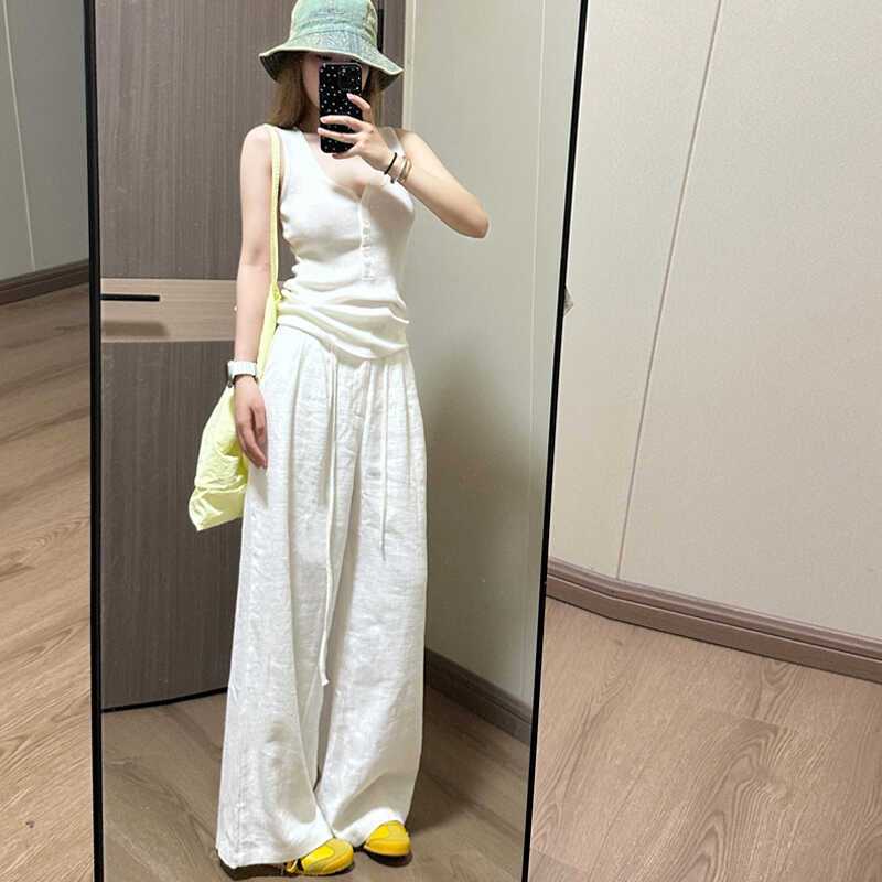 Linen wide-leg pants women's thin summer 2025 new high-waisted loose and versatile drape slacks