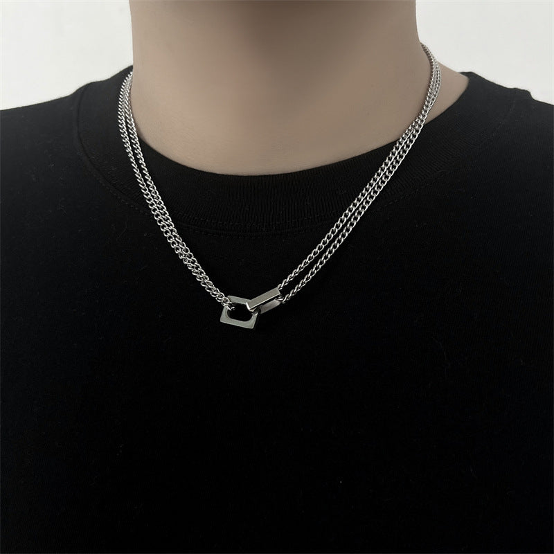 Tan Jianci has the same minimalist square ring interlocking double-layer necklace for men and women, trendy versatility, high-end collarbone chain for men