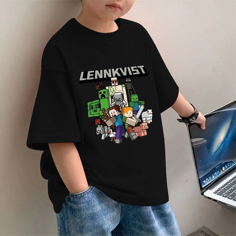 Cotton new boys short sleeve T-shirt summer minecraft print children's loose tide big kids loose top