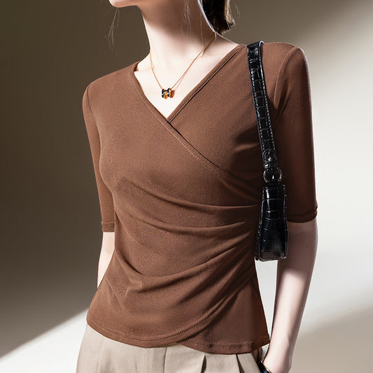 Mid-sleeved T-shirt women's 2025 European new women's crossover V-neck mesh foreign style shirt chic pleated waist top