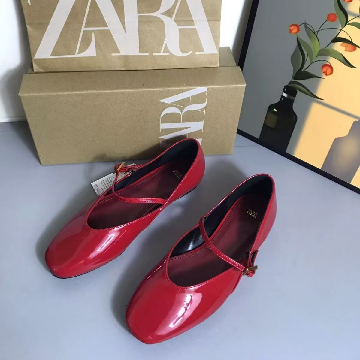 ZA Women's Shoes Spring 2024 New Women's Shoes Red Patent Leather Mary Jane Ballet Flats French Pumps