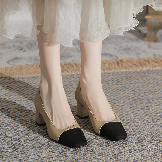 Sheepskin color-blocking small fragrance style thick heel single shoes women's medium heel pumps French high heels plus size women's shoes 41 to 43