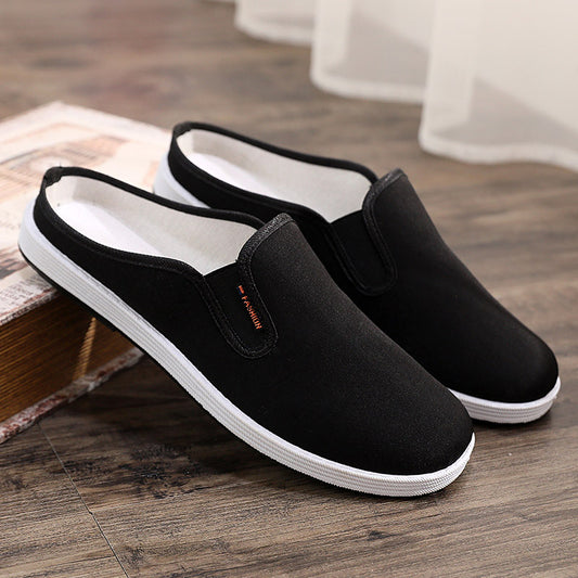Old Beijing cloth slippers men's casual breathable and comfortable soft-soled canvas shoes, one-footed heelless toe toe half-support men's shoes