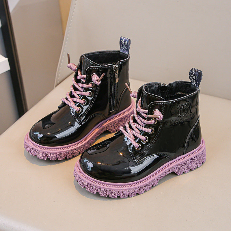 Girls' Martin boots shiny autumn and winter plush leather boots medium and big boy baby boots zipper princess boots women's sequin design