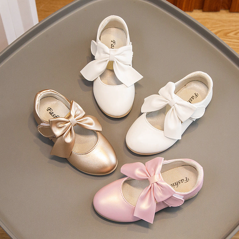 Foreign trade children's shoes 2026 spring and autumn girls' leather shoes, white shoes, bows, medium and large children's small high heels, princess shoes
