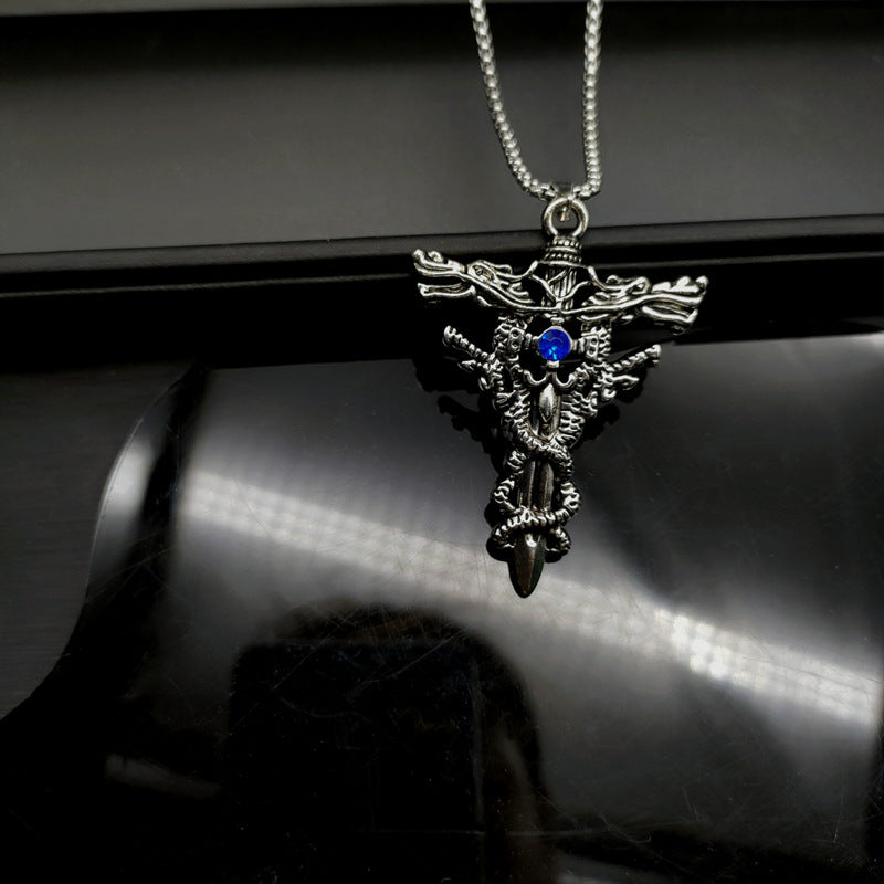 European and American retro double dragon cross pendant foreign trade accessories fashion trendy brand personality titanium steel necklace men do not fade