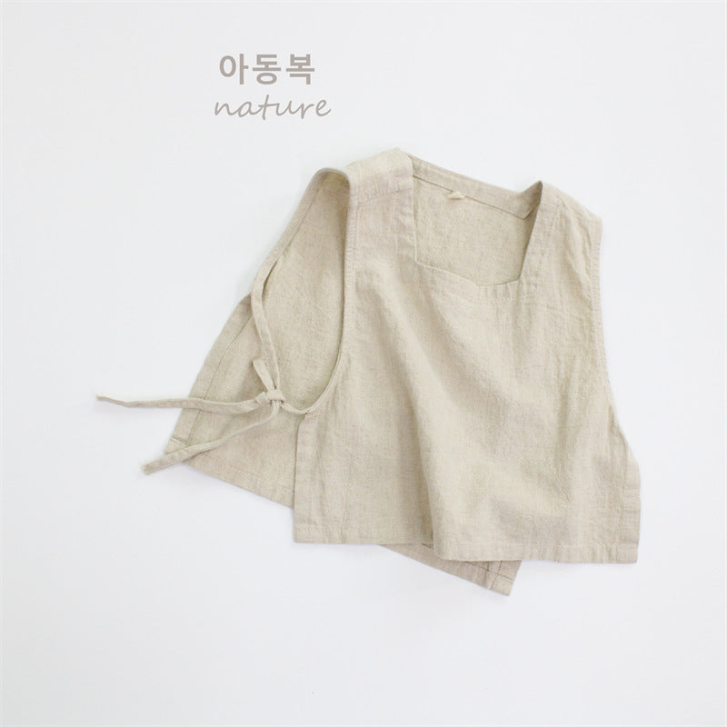 Autumn children's vest men's treasure sleeveless vest Korean version solid color linen loose casual girls' top A drop shipping