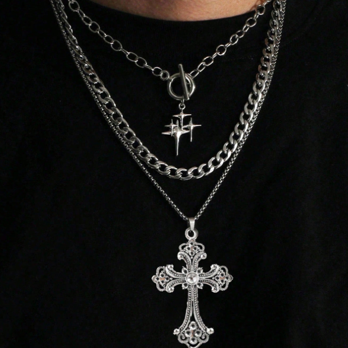 European and American trinkets Vintage hip hop rock thick chains Mangstar flame multi-layer men's necklaces women's necklaces