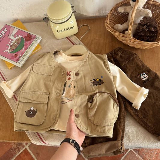 2024 children's clothing autumn new children's Korean version washed vest boys and girls baby autumn shoulder vests
