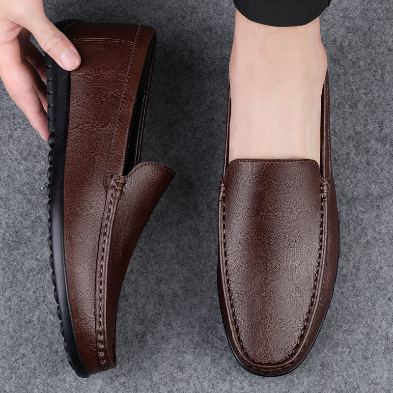 One Kick Men's Shoes Leather Lazy Beanie Shoes Soft Sole Leather Shoes Men's Business Flat Casual Shoes Cross Border Plus Size