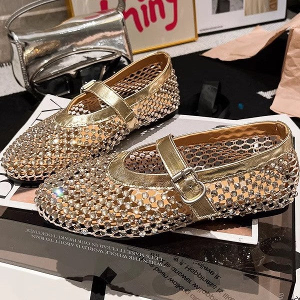 European station rhinestone line Mary Jane cut-out mesh ballet shoes fishnet shoes single shoes loafers boat shoes women's shoes