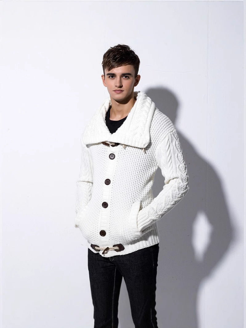 Men's sweater jackets, fashionable horn buttons, cardigans with fleece, thickened student youth sweaters, autumn and winter trends