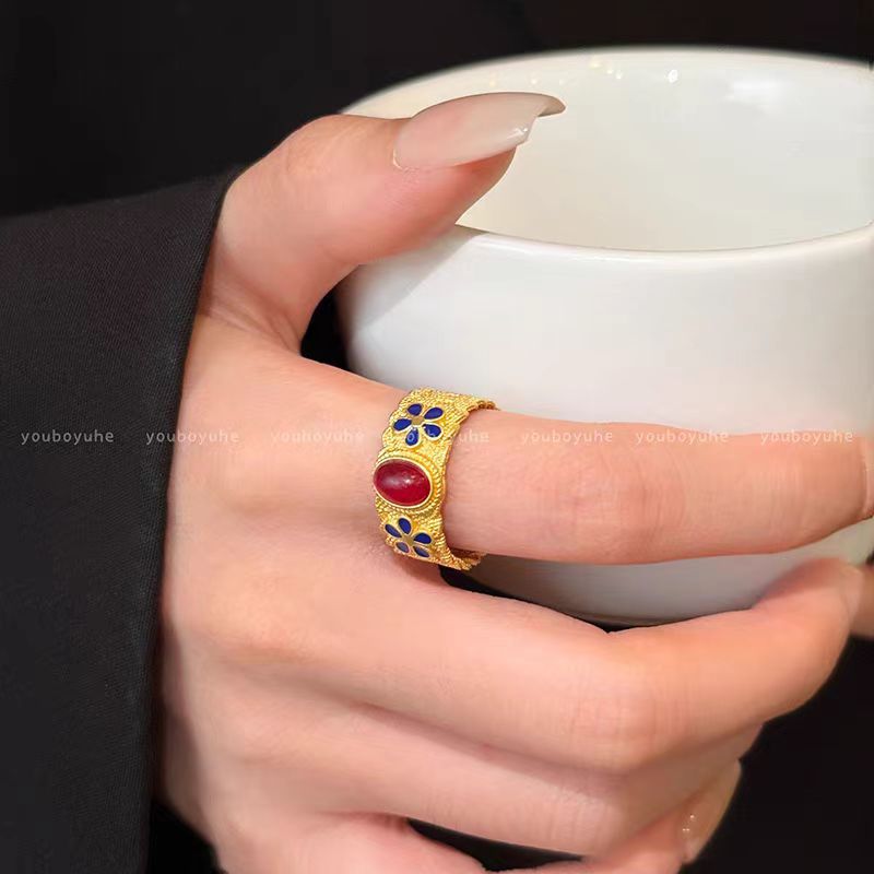 Court style retro gold enamel slub ring women's fashion high-end index finger ring new Chinese autumn and winter style ring
