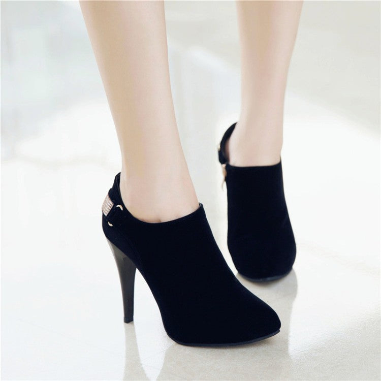 31-50 Coffee Rain Plus Size Women's Suede Heels Rhinestone Side Zippers Pointed Toe Warm & Nude Shoes W333