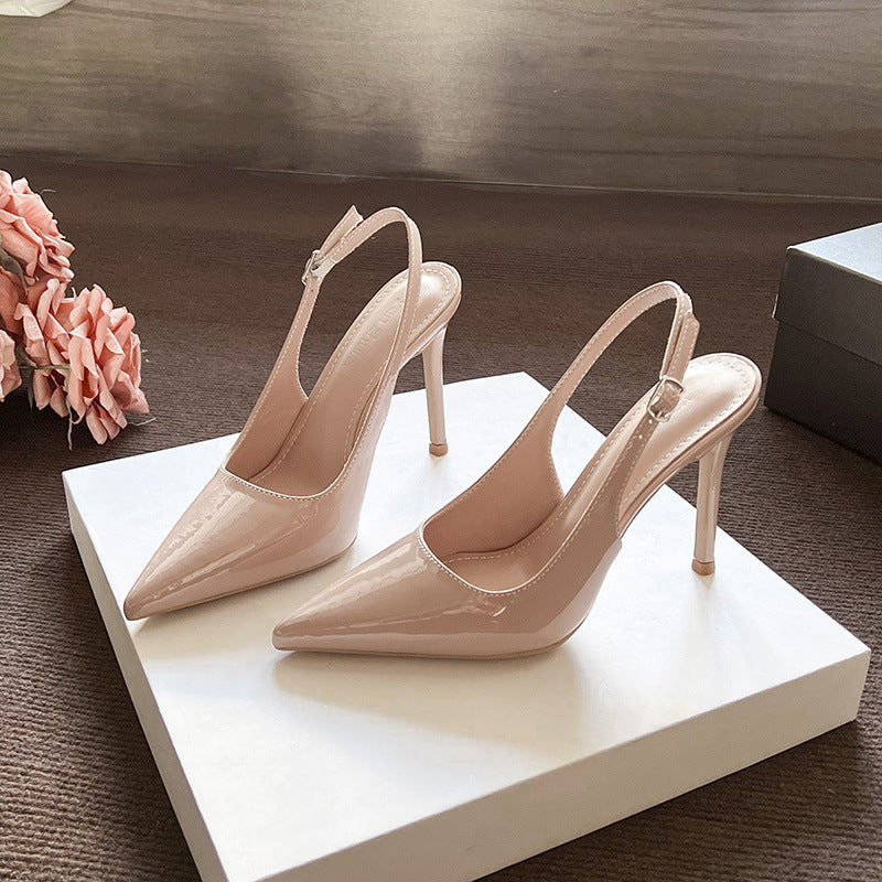 2025 summer new stiletto pointed toe back space versatile nude patent leather heels fashion korean version of high-end sandals