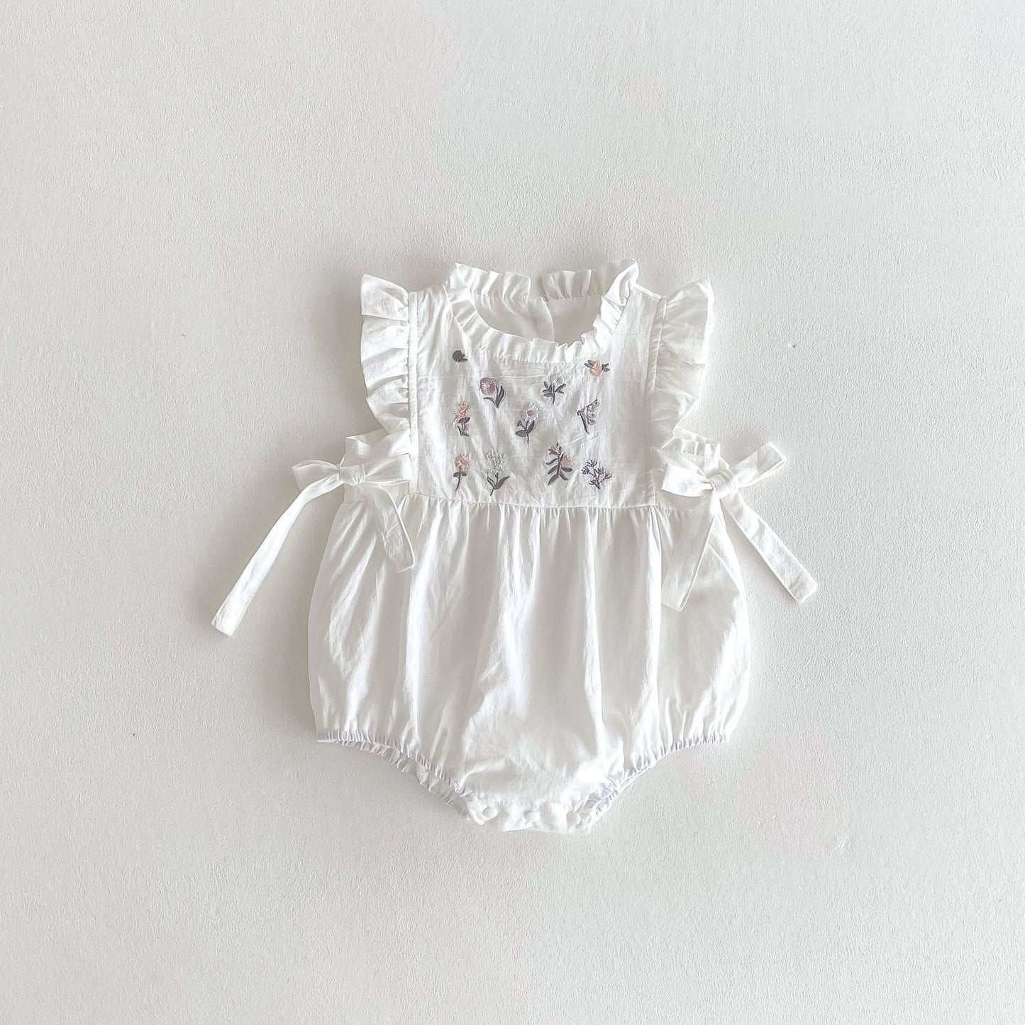 2025 baby summer embroidery floral side waist bow baby toddler hayi baby girl sleeveless thin crawling clothes