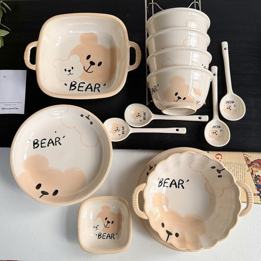 Cartoon Cute Bear Ceramic Dishes Tableware Home Kids Small Bowl Snack Saucer Yogurt Bowl Cute Bowl Plate Set