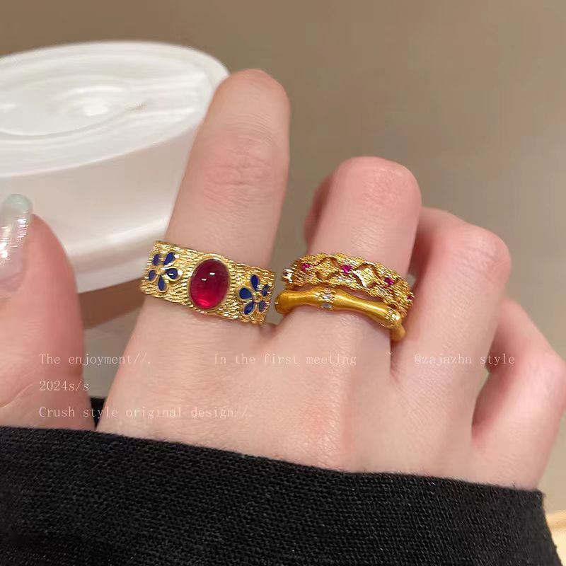 Court style retro gold enamel slub ring women's fashion high-end index finger ring new Chinese autumn and winter style ring