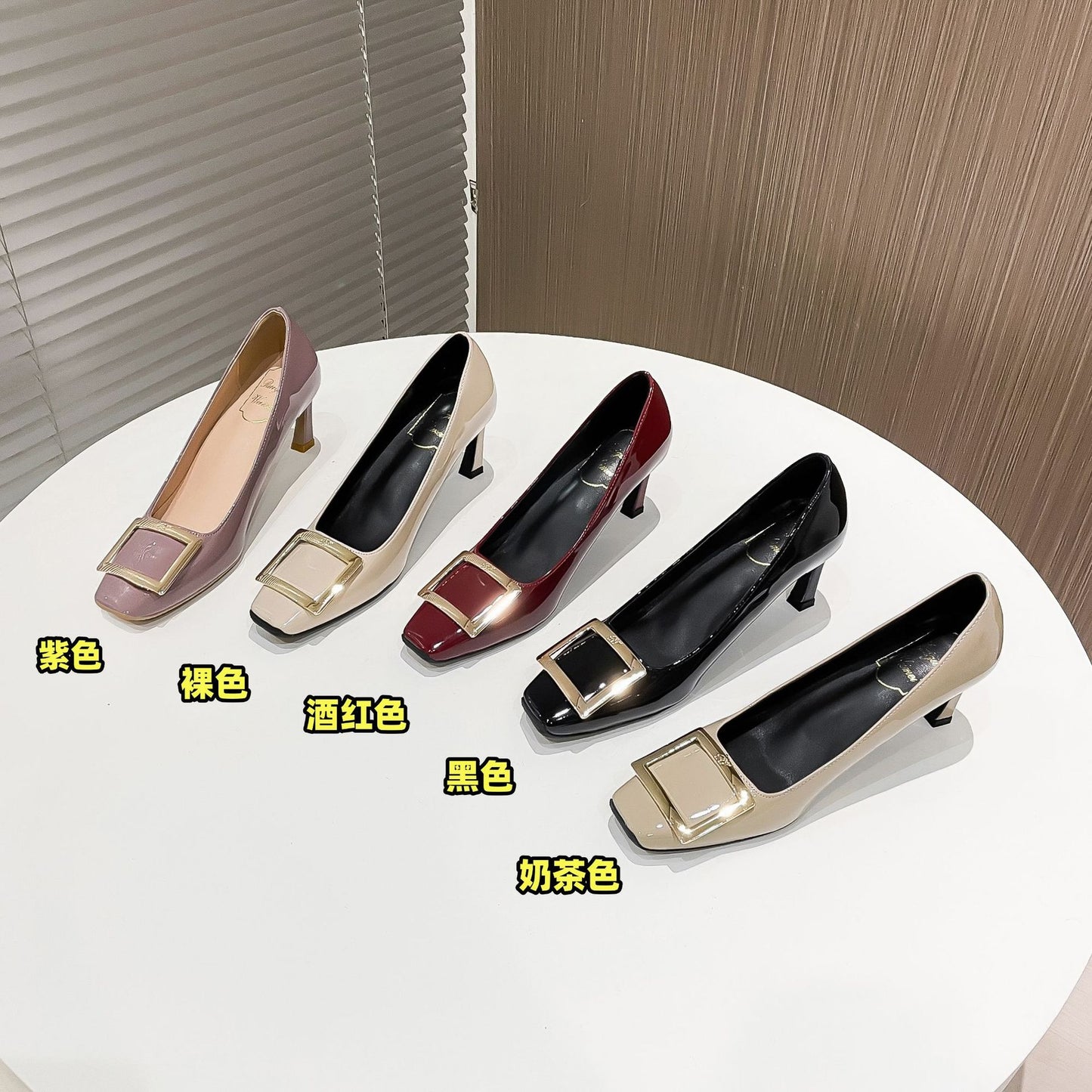 Patent leather square buckle high heels, single shoes, thick heels, medium heels, square toe pumps, women's shoes, commuting office lady, workplace style, thin heel women's shoes