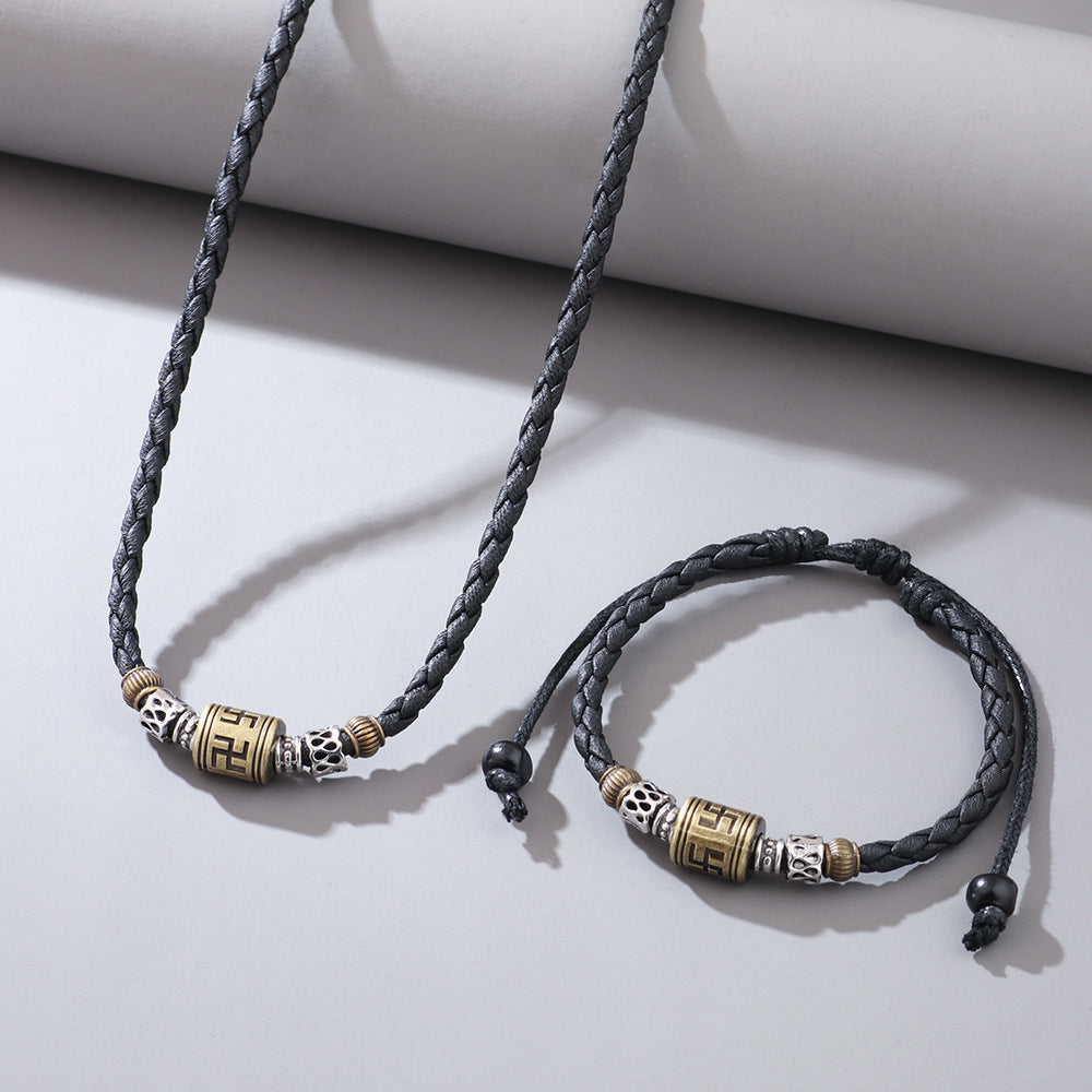 Swastika totem Tibetan vintage necklace European and American cross-border metal pendant woven wax rope adjustable necklace jewelry men