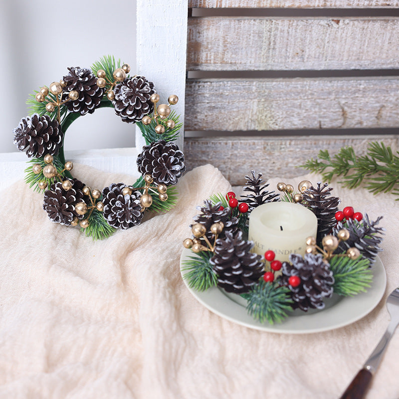 Cross border simulation pine cone red fruit candle wreath desktop home decoration Christmas table setting candle holder small garland