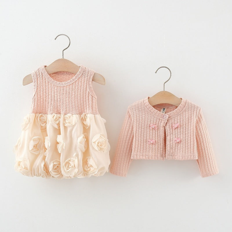 Children's Clothing Girls' Skirt Set Spring and Autumn Children's Baby Knitted Cardigan + Rosebud Princess Skirt Two-piece Set