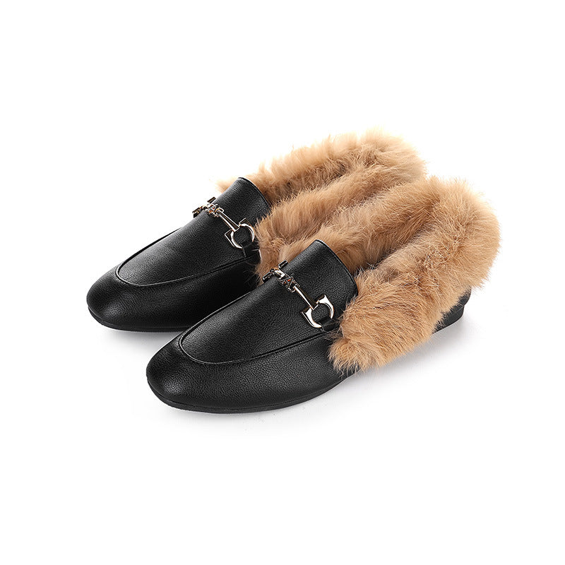 Wool shoes women's winter wear 2025 new autumn and winter flat heel plush bean shoes rabbit fur single shoes women's shoe trend