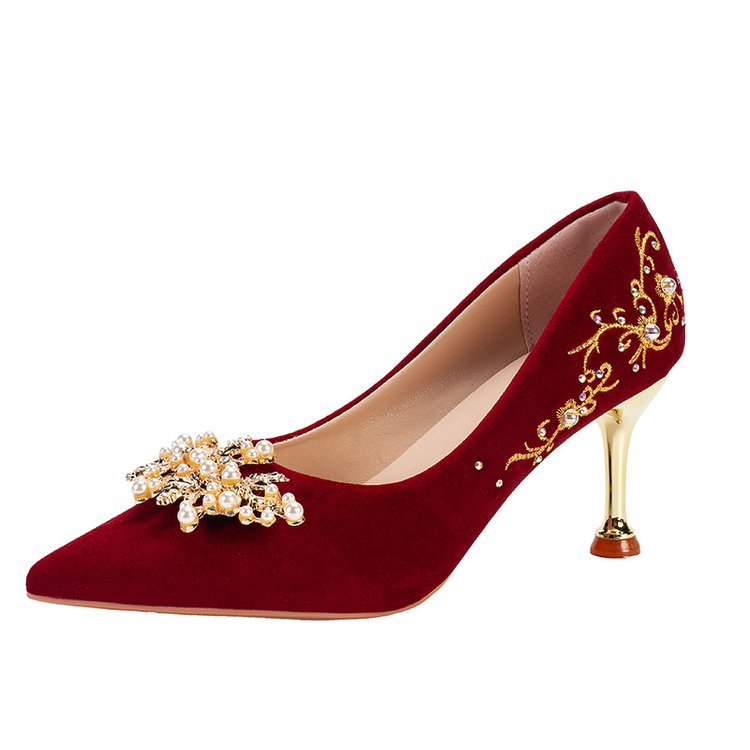 High Heels 2024 New Shoes Red Xiuhe Wedding Shoes Wedding Dress Pearl Embroidered Shoes Two Wear Wedding Women's Shoes Jinjin
