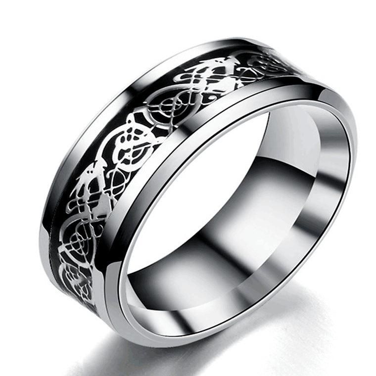Cross-border hot sense of luxury titanium steel stainless steel dragon pattern ring couple European and American fashion men's rings wholesale