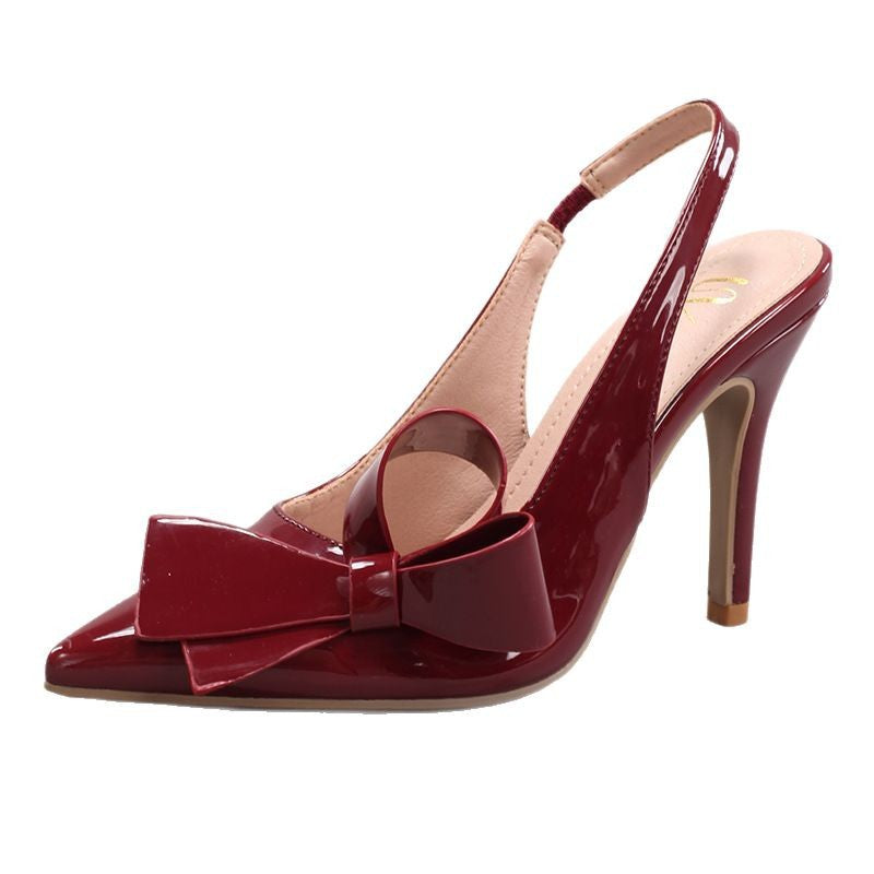 Bow high heel sandals shiny PU elegant sexy pointed toe after wedding banquet strap sandals for women crossing Europe and the United States
