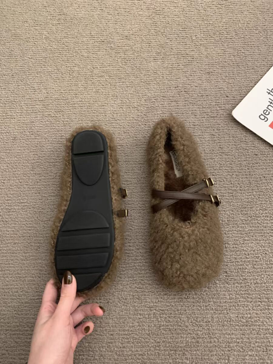 French evening breeze cross-buckle Mary Jane cotton shoes women's 2024 fall/winter new comfortable and versatile fur shoes