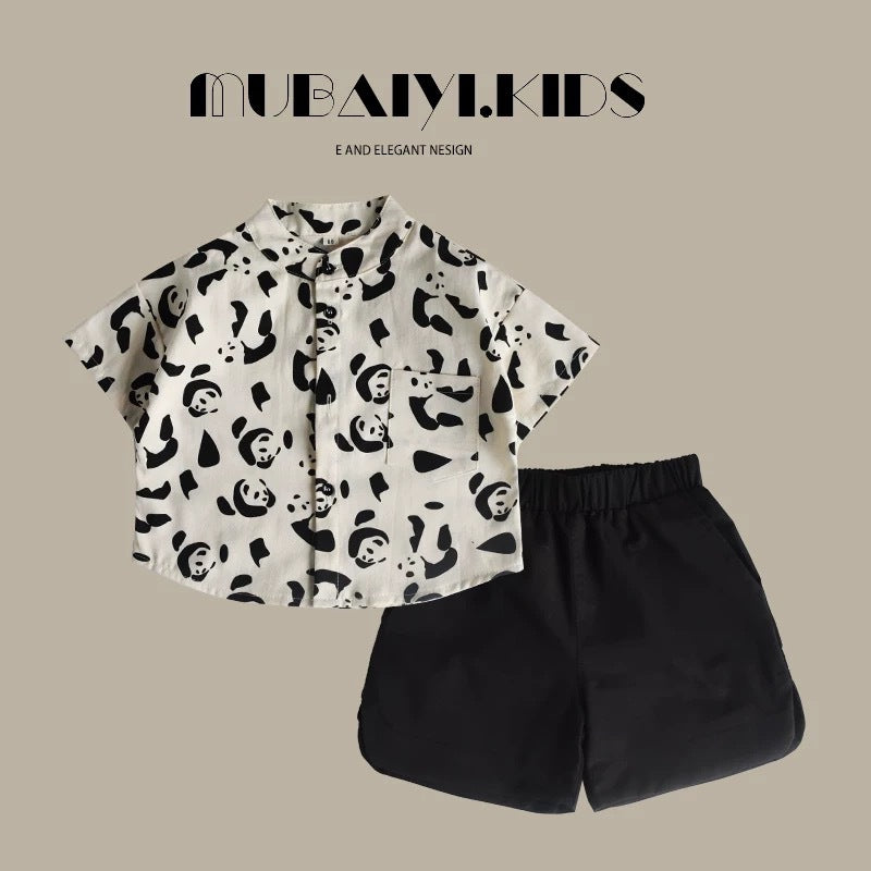 Factory direct sales children's short-sleeved shirts, boys' 2025 summer suits, new panda cartoon babies, one piece delivery