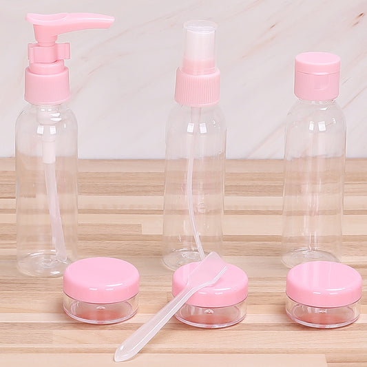 7 Piece Travel Dispensing Bottles Cosmetic Lotion Dispensing Bottles Plastic Pink Vacuum Bottles Clear Spray Bottles Wholesale