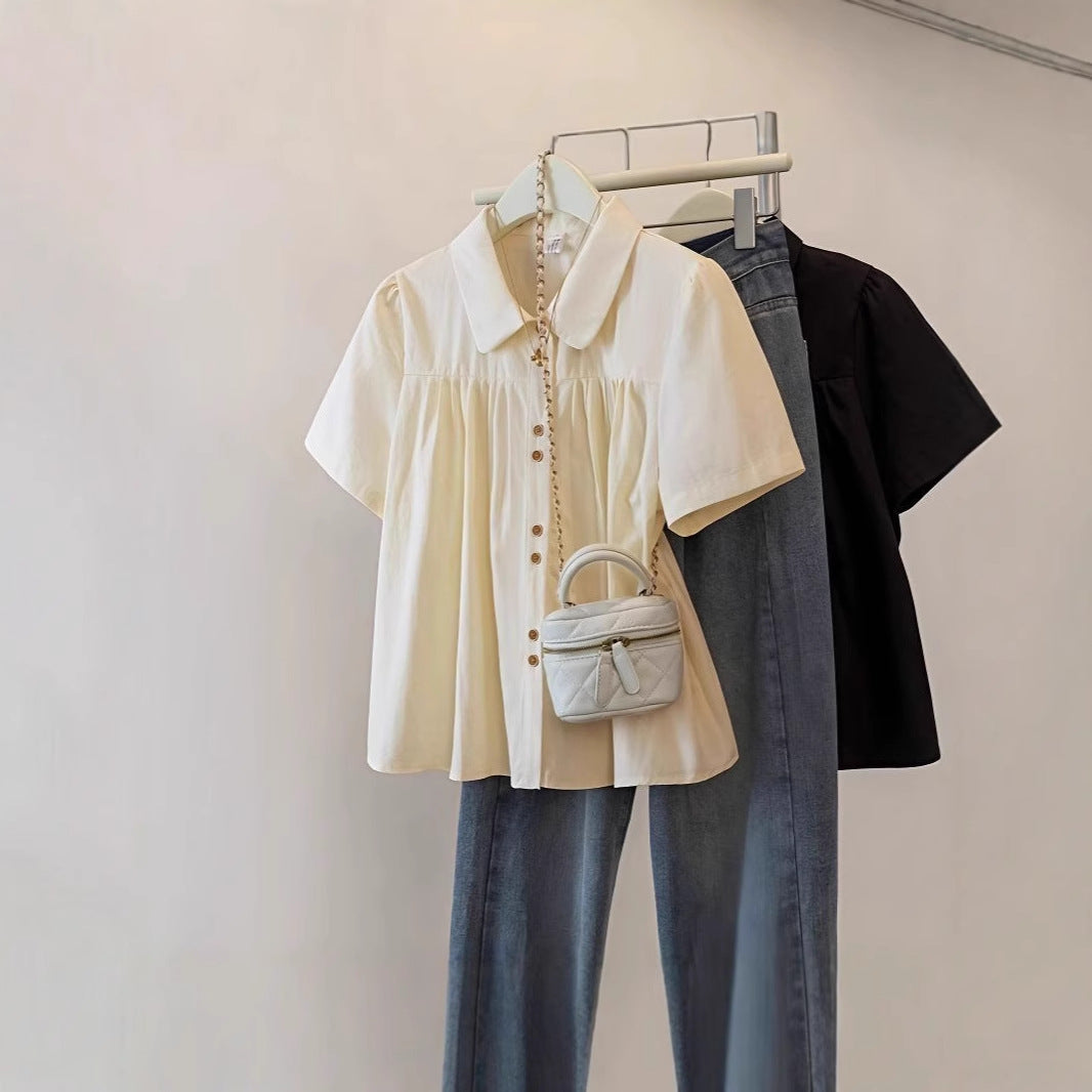 Plus Size Women's French Short Sleeve Shirt Summer 2025mm New Slim Slightly Chubby Flesh Covering Blouse Short