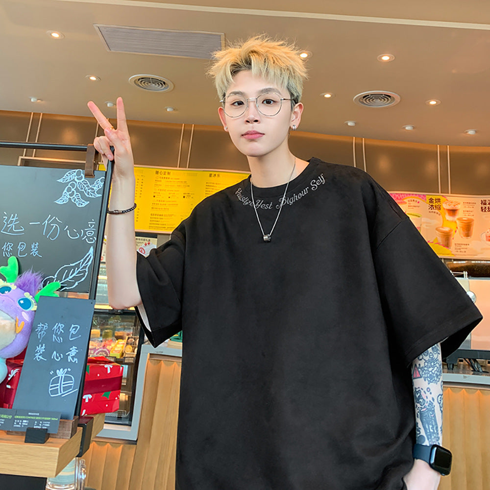 Maillard Suede Short Sleeve T-Shirt Men's Summer 2024 New Trendy Brand Embroidered Handsome Underwear Half-Sleeved Base Shirt