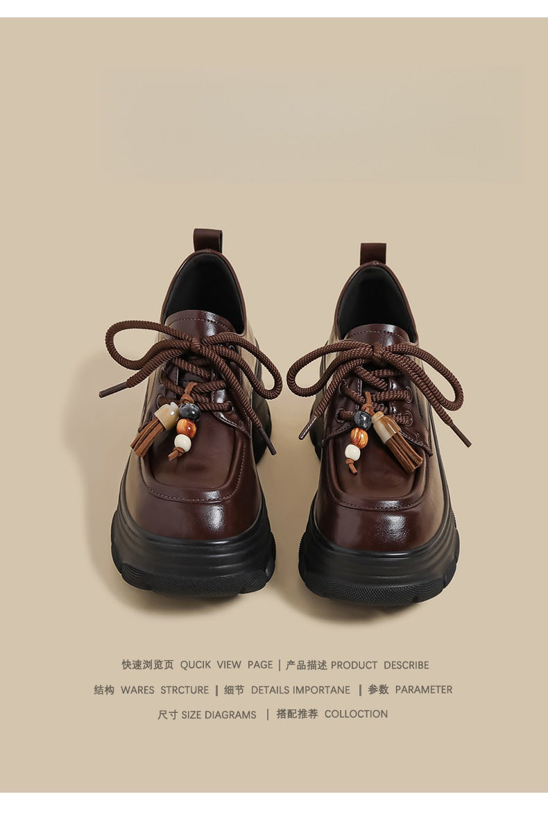 Zhuoshi 2025 new thick-soled loafers women's brown lace-up thick high heels British style muffin small leather shoes