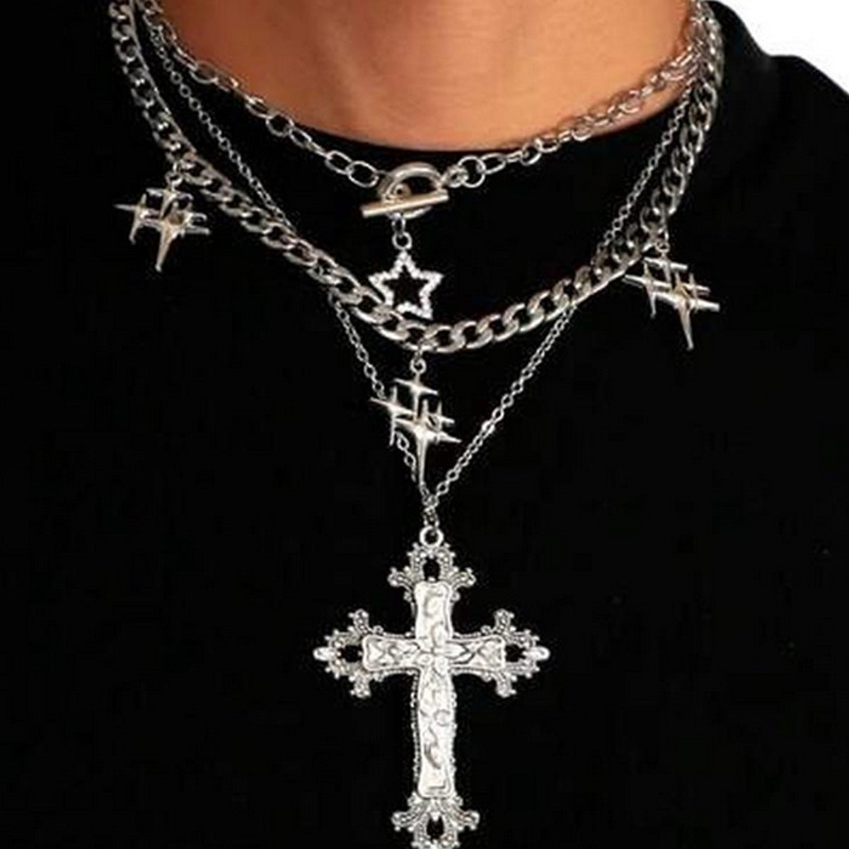 European and American trinkets Vintage hip hop rock thick chains Mangstar flame multi-layer men's necklaces women's necklaces