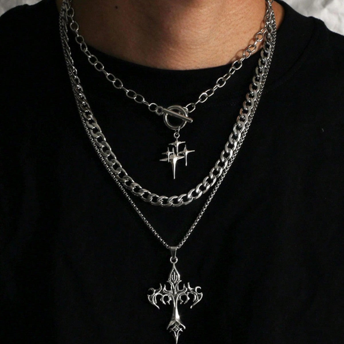 European and American trinkets Vintage hip hop rock thick chains Mangstar flame multi-layer men's necklaces women's necklaces