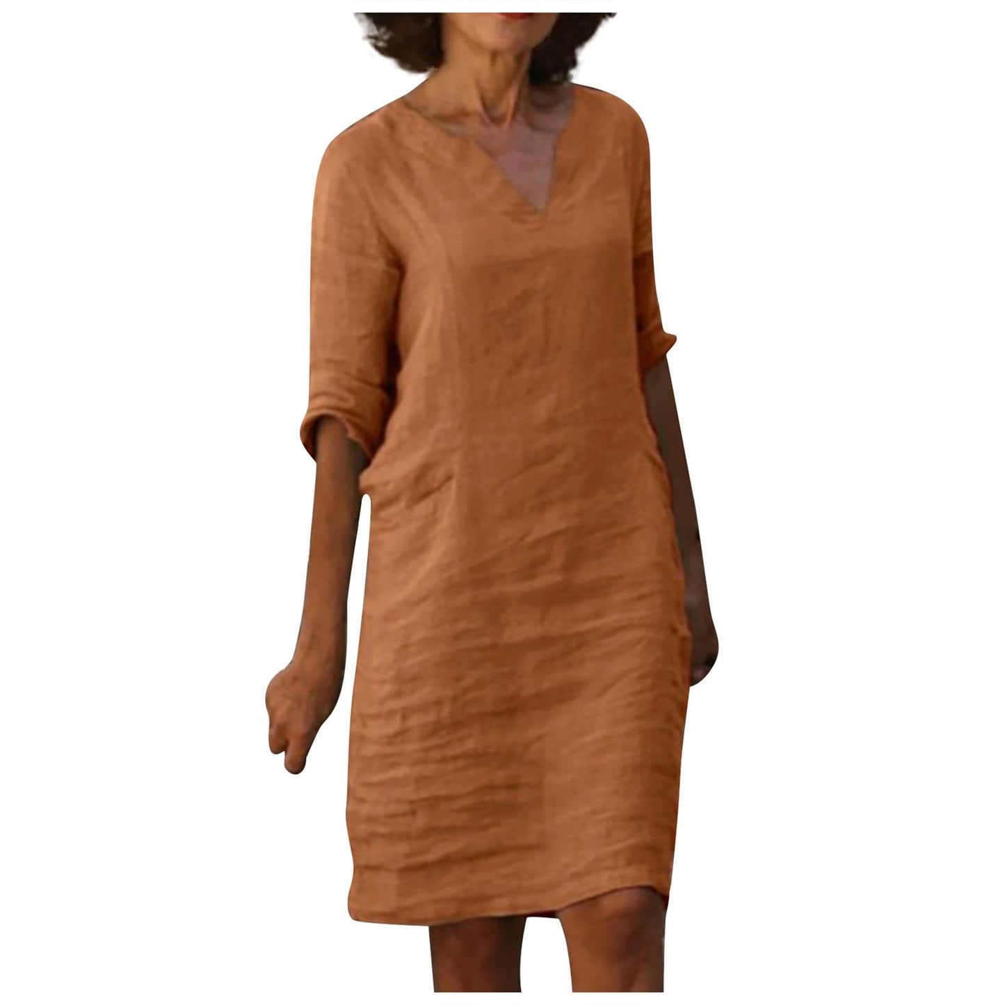 Amazon European and American cotton and linen V-neck stitching retro high-waisted solid color three-quarter sleeve dress cotton and linen wash crinkled fabric