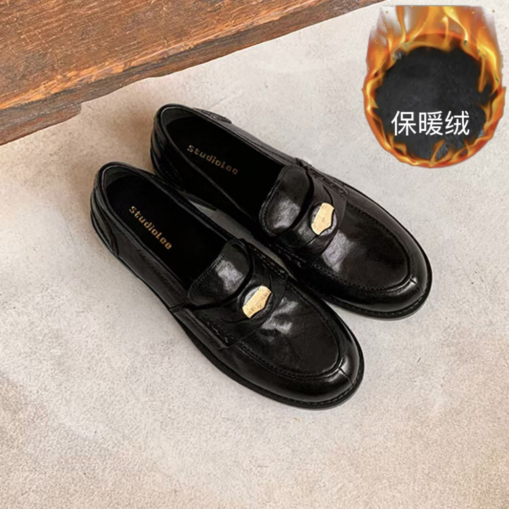 Horse leather version ~ leather gold coin loafers women's British style versatile retro foot small low heel JK small leather shoes single shoes