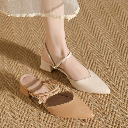 Sandals Women's 2024 Summer New Pointed Toe Single Shoes Thick Middle Heel Half Support Beautiful High Heel French Baotou Slippers