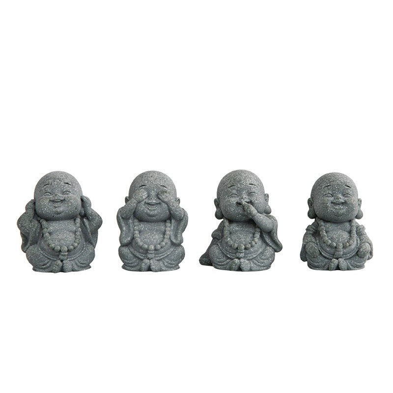 Blue sandstone, big belly, Maitreya Buddha, laughing Buddha, four small monks, creative ornaments, tabletop tea tables, handicrafts, landscaping decoration