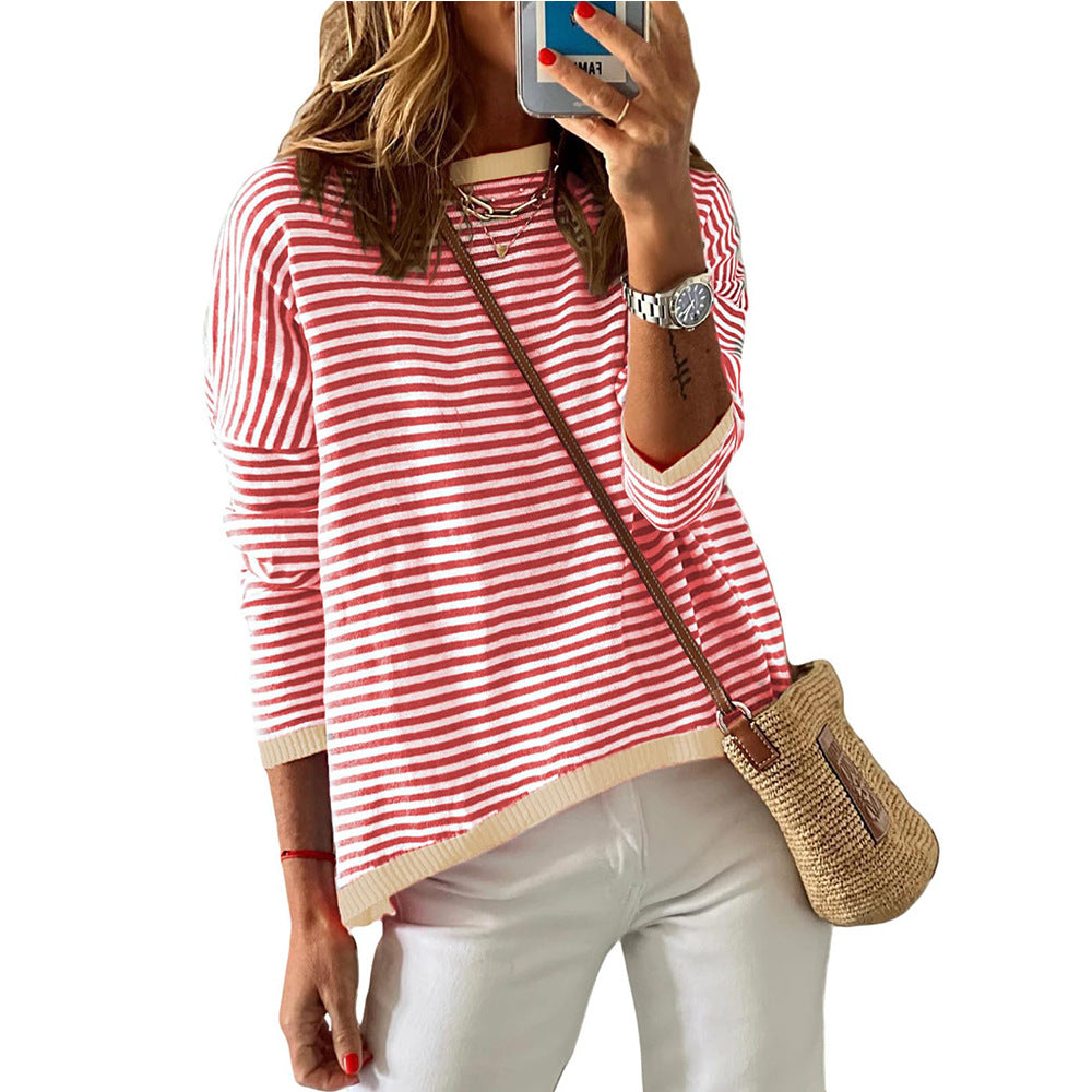 2024 autumn and winter new cross-border European and American women's Amazon women's round neck striped contrast long-sleeved casual sweater