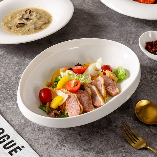 Nordic minimalist style pure white ceramic salad bowl home cold dish western dinner plate hotel business ceramics dessert pasta bowl