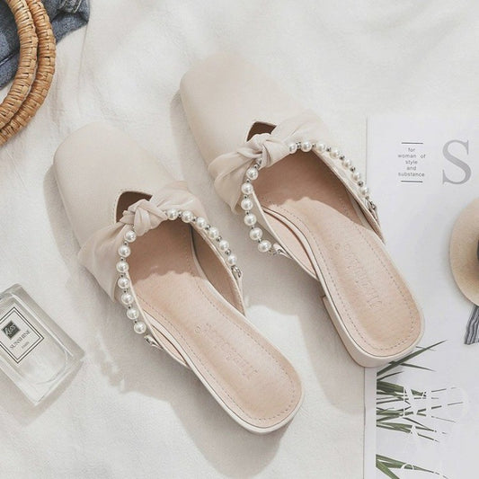 Foreign trade cross-border mid-heel block heel half-holder sandals 2024 summer new fairy style pearl high heels anti-slip women's shoes