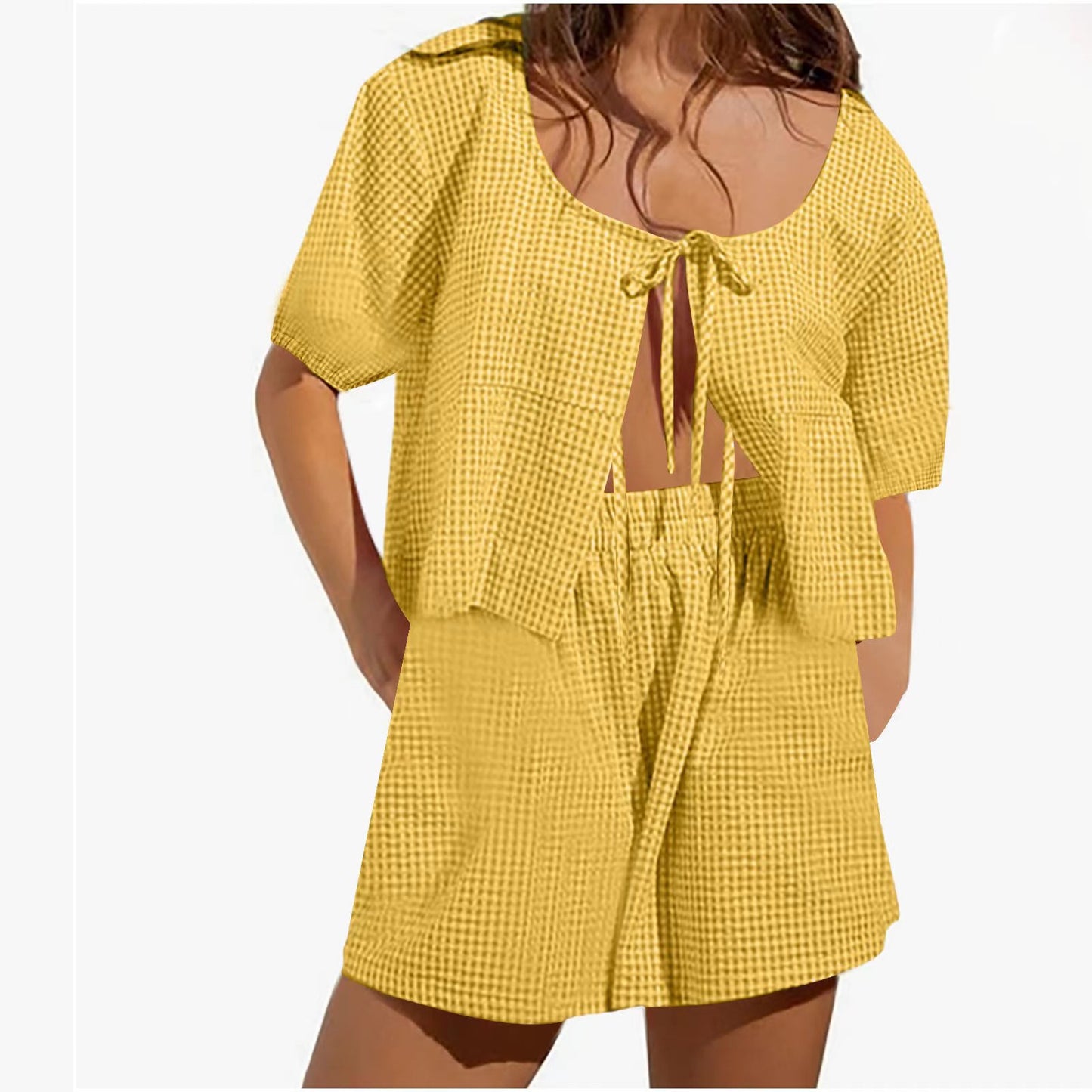 2024 Europe and America Foreign Trade Summer Lace-up Plaid Top Set Casual Loose High Waist Wide Leg Pants Women's Women's Short Sleeve